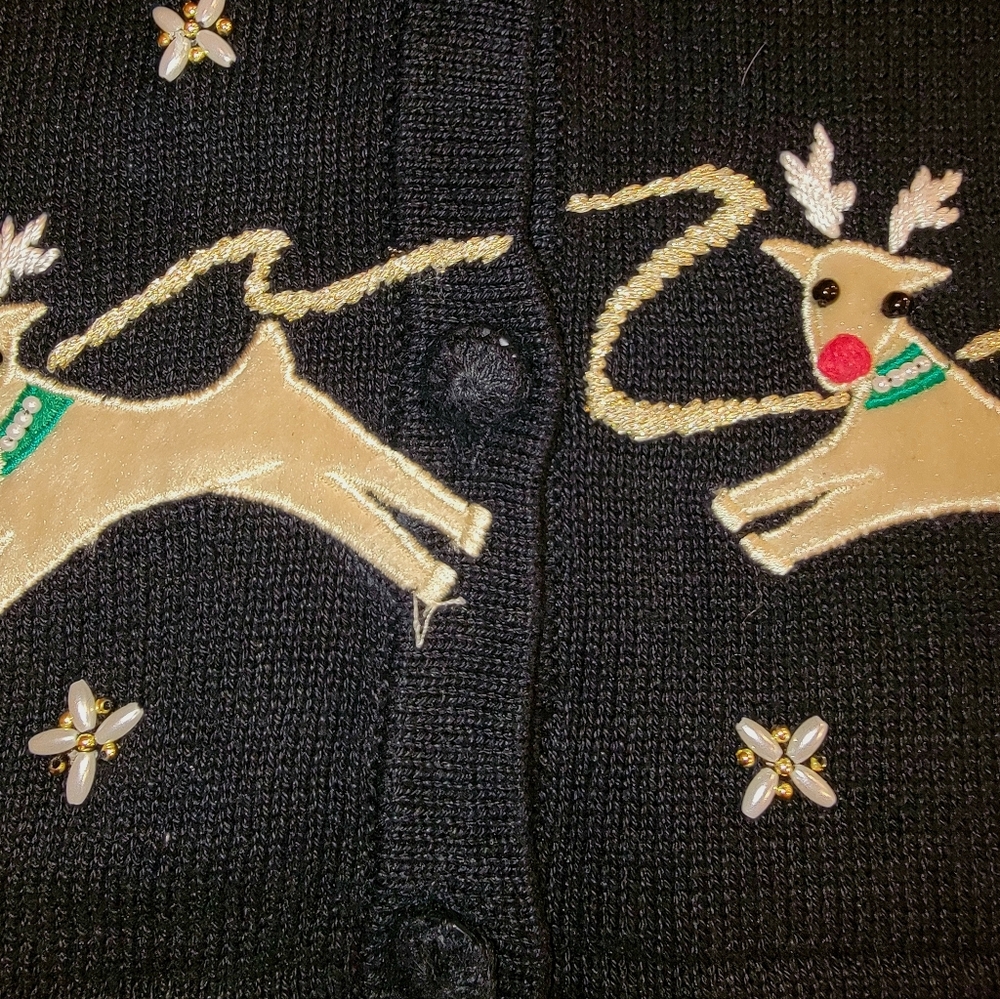 Vintage Lemon Grass "Rudolph" reindeer Cardigan Small Black Detach Scarf - Picture 7 of 16